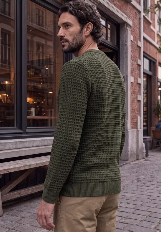 Ein Mann im grünen Strickpullover steht in einer Gasse aus Kopfsteinpflaster und blickt über die Schulter.