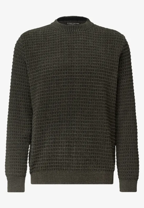 Dunkelgrüner, strukturierter Rundhals-Pullover mit grobem Strickmuster und langen Ärmeln.