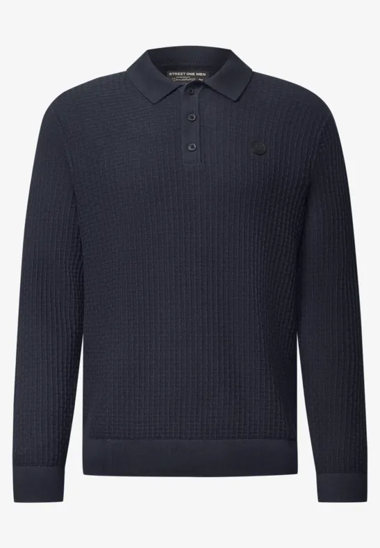 Dunkelblauer, langärmliger Strickpullover mit Polokragen und 3-Knopfleiste.
