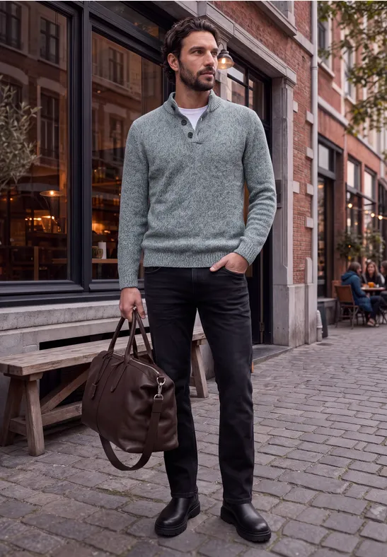 Mann mit grauem Pullover und schwarzer Hose trägt Reisetasche und geht an Café vorbei.