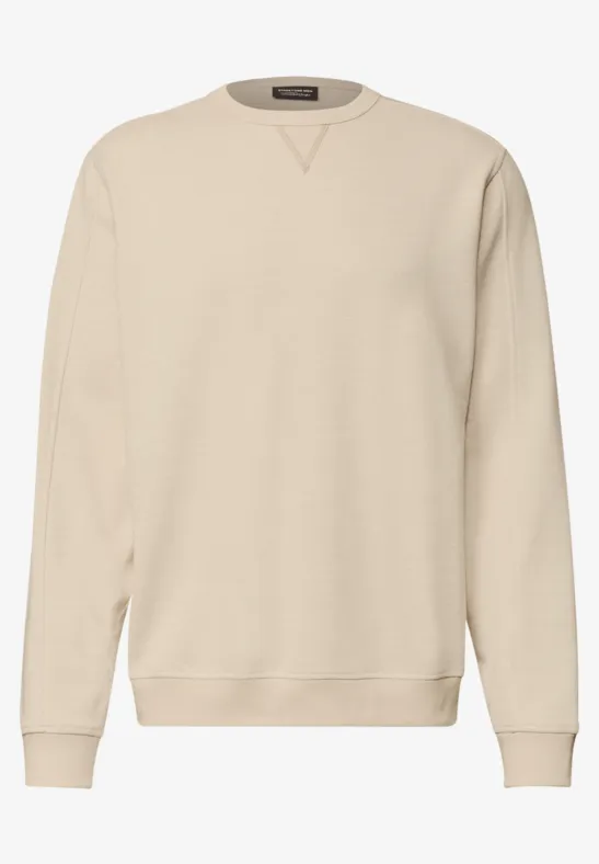 Schlichtes beige Sweatshirt mit Rundhalsausschnitt und gerippten Abschlüssen.