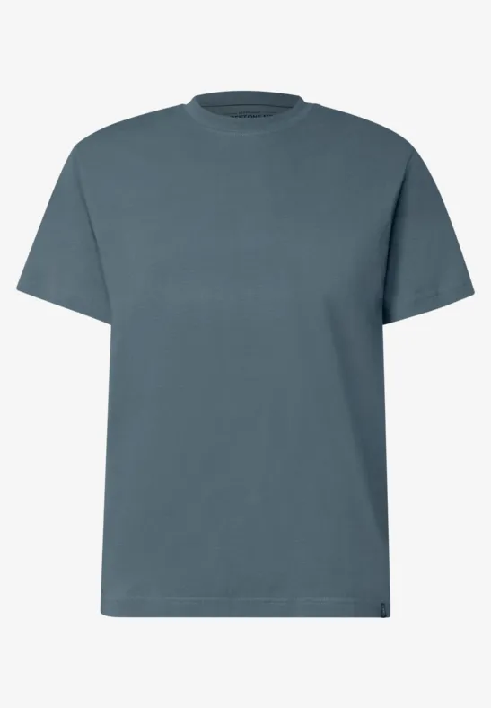 Ein schlichtes, einfarbiges blau-graues T-Shirt mit Rundhalsausschnitt.