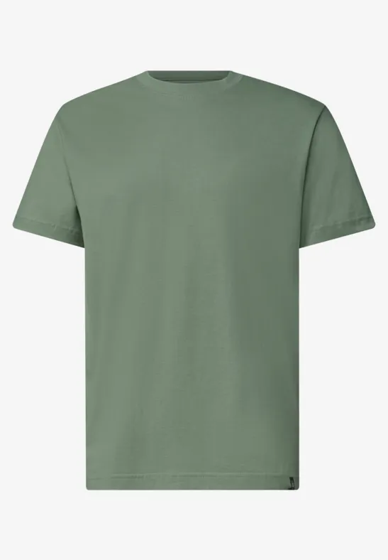 Ein schlichtes, olivgrünes T-Shirt mit kurzem Arm und Rundhalsausschnitt auf weißem Hintergrund.