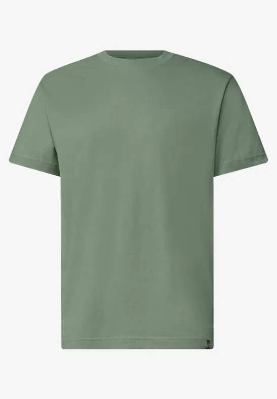 Ein schlichtes olivgrünes Kurzarm-T-Shirt ohne Aufdruck.