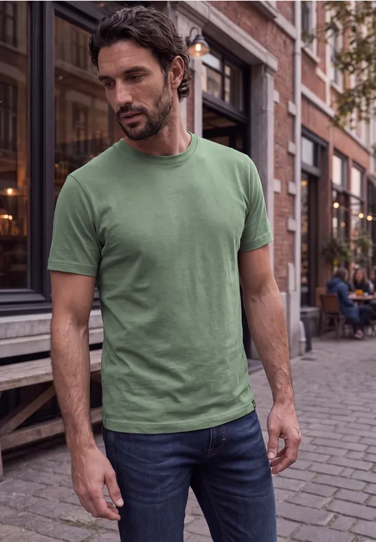 Ein bärtiger Mann in grünem T-Shirt und Jeans schlendert an einem Stadthaus mit Backsteinfassade.
