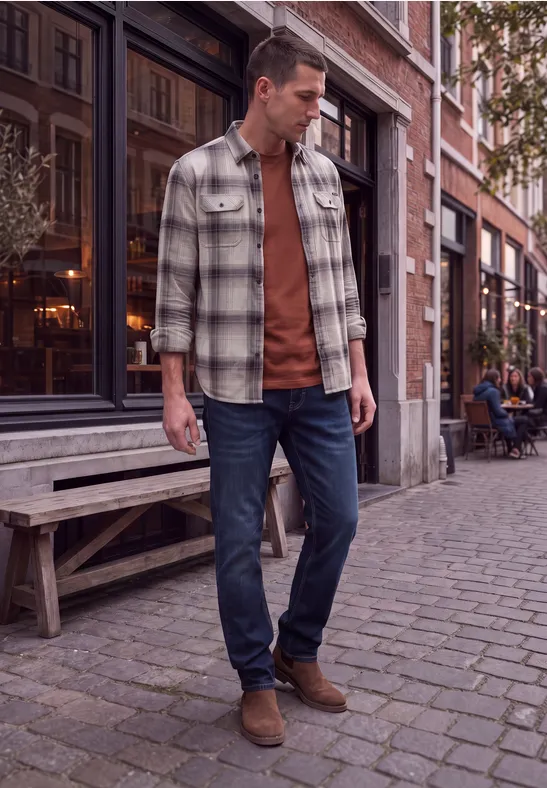 Ein Mann in kariertem Hemd, braunem Pullover und Jeans steht auf Kopfsteinpflaster vor einem Café.