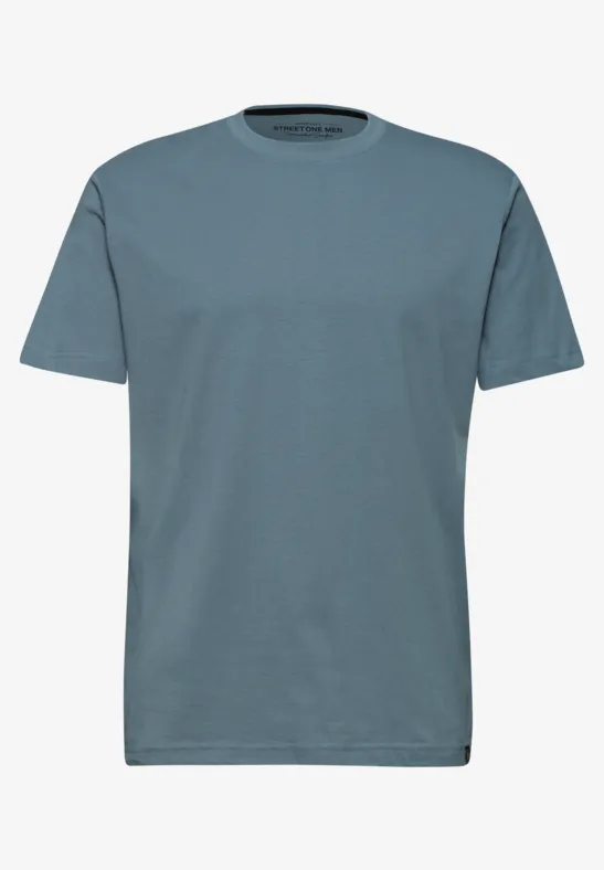 Schlichtes, blau-grau meliertes T-Shirt ohne Muster.