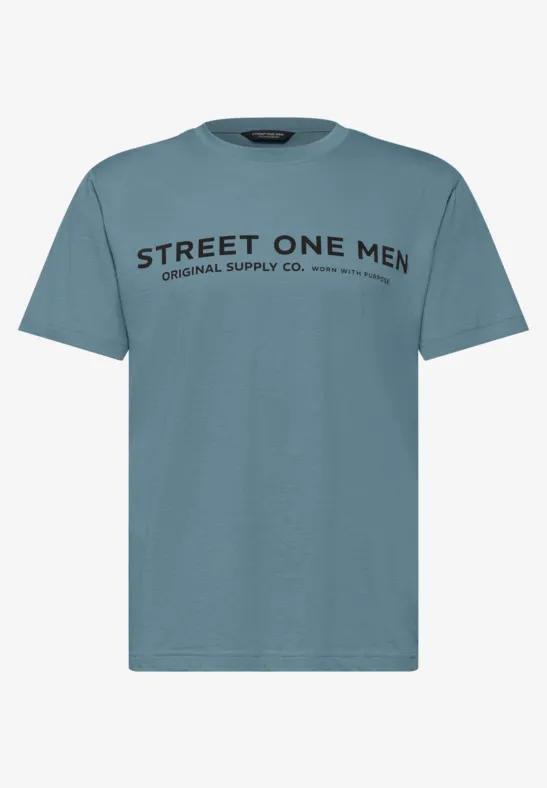 Türkisfarbenes Herren-T-Shirt mit rundem Ausschnitt und schwarzem Schriftzug 'STREET ONE MEN'.