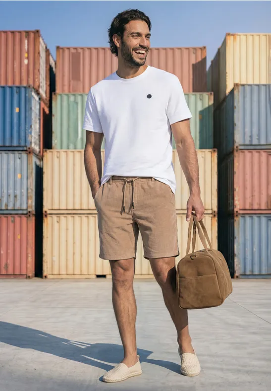 Ein lächelnder Mann in weißem T-Shirt und beigen Shorts trägt eine braune Tasche vor gestapelten Containern.