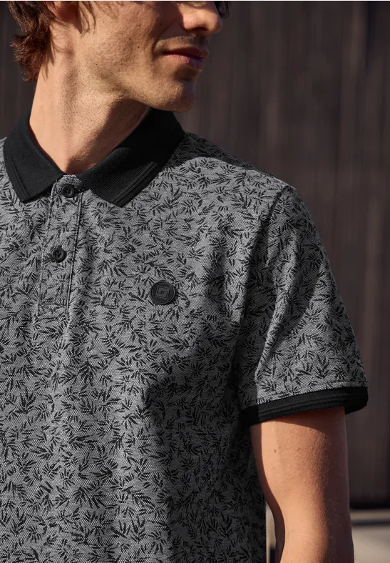Kurzarm Oxford Poloshirt mit Print Black