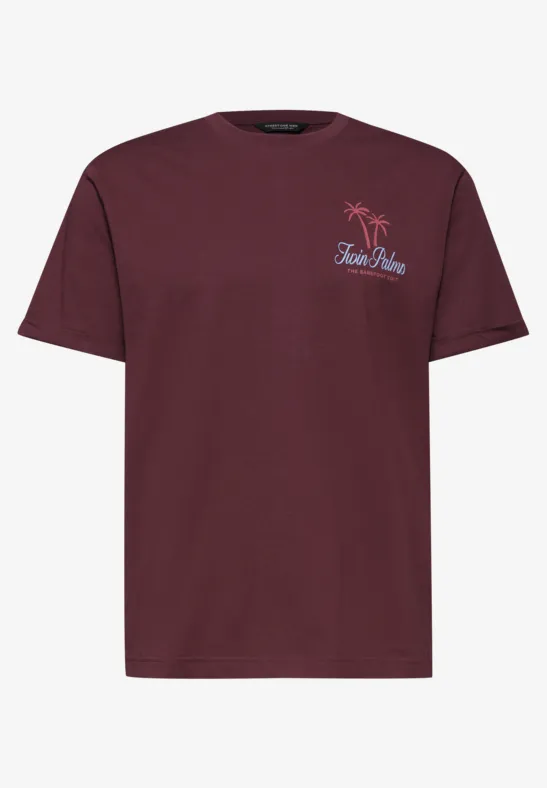 Bordeauxrotes T-Shirt mit Palmenmotiv und "True Palm"-Schriftzug auf der Brust