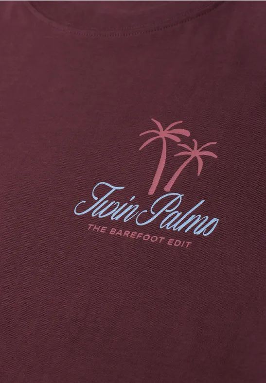 Vintage-Bordeaux T-Shirt mit 'Twin Palms The Barefoot Edit' Schriftzug und Palmenmotiv