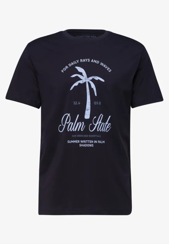 Schwarzes T-Shirt mit weißem Palmendruck und Schriftzug "Palm State"