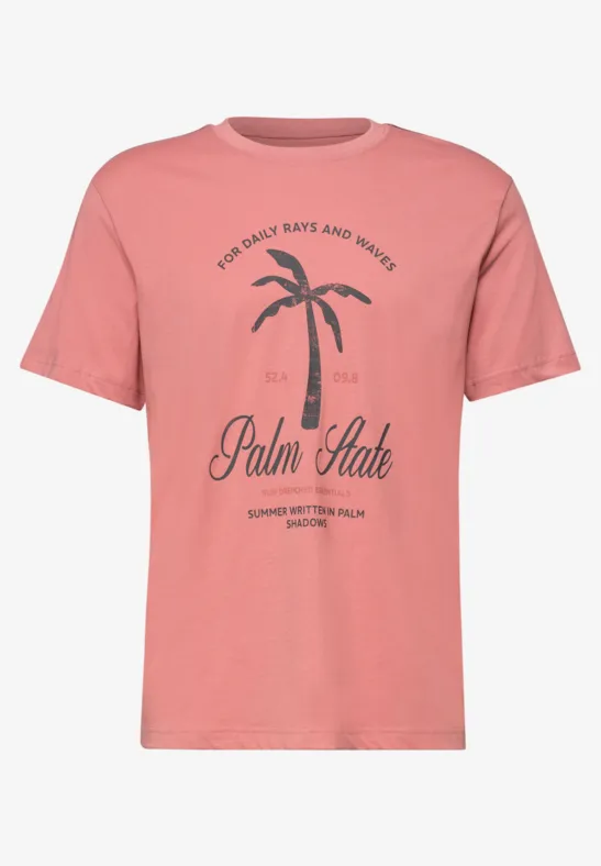 Roze T-shirt met gestileerde palmprint en 'Palm State'-tekst in donkere opdruk.