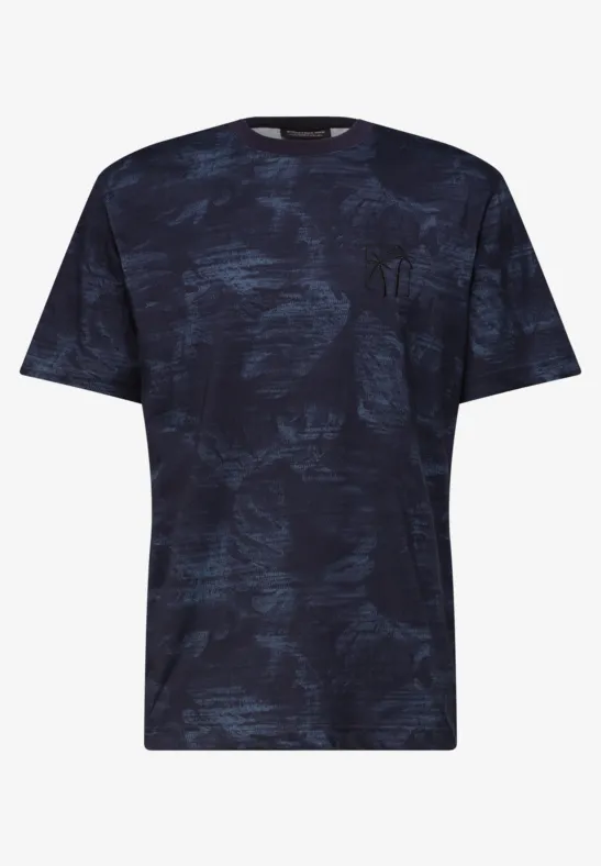 Donkerblauw T-shirt met abstract patroon en borstzak.
