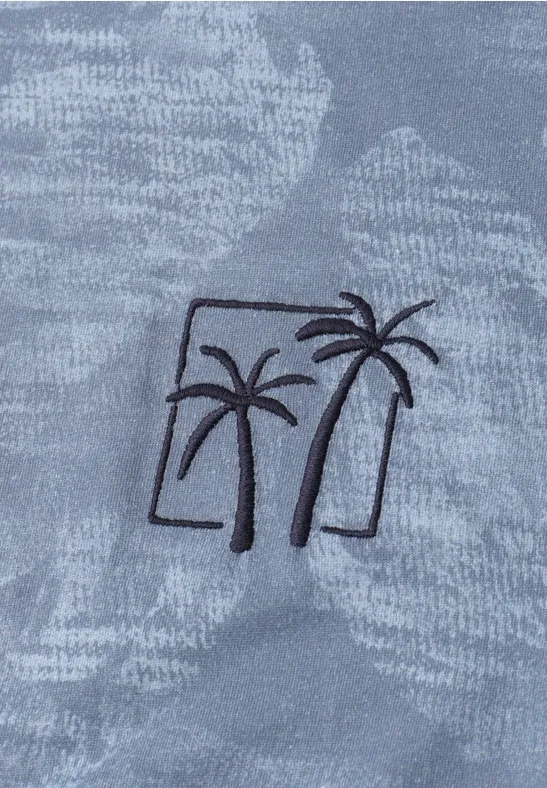 Twee gestileerde palmbomen als zwarte borduursel op grijs, gestructureerd textiel