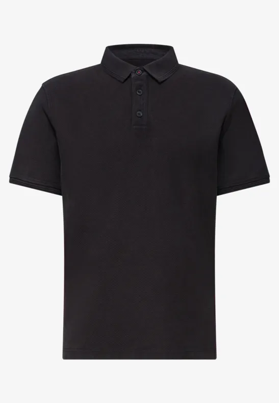 Schlichtes schwarzes Poloshirt mit kurzen Ärmeln und Knopfleiste.