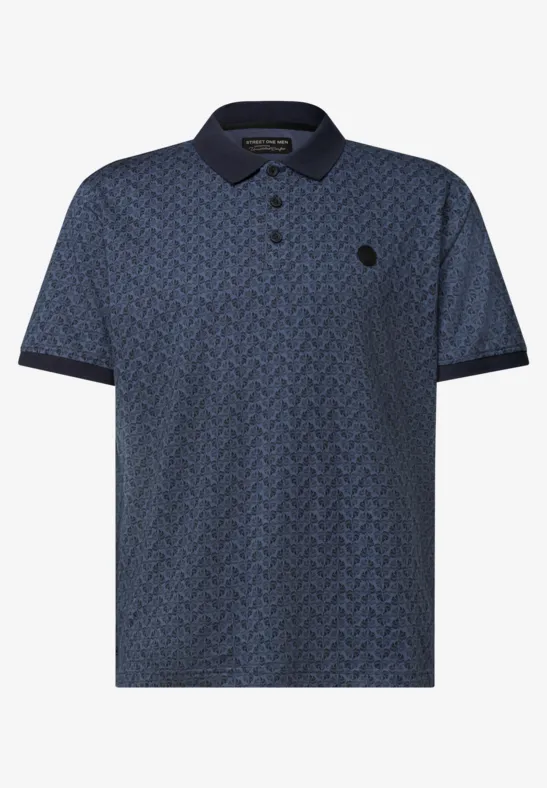 Dunkelblaues Polohemd mit dezenter Allover-Grafik, dunklem Kragen und Ärmelbündchen sowie kleinem Logo auf der Brust