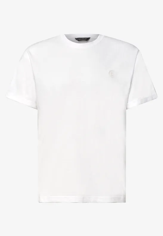 Ein schlichtes, einfarbiges weißes T-Shirt mit kurzem Ärmel und Rundhalsausschnitt.