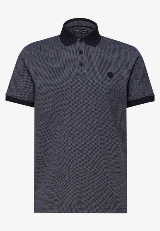 Dunkelgraues Poloshirt mit schwarzem Kragen, schwarzen Ärmelbündchen, Knopfleiste und kleinem Logo-Patch.
