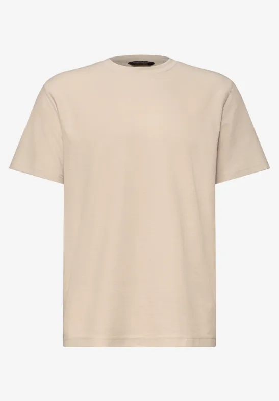Ein schlichtes, beiges T-Shirt aus Baumwolle mit rundem Ausschnitt und kurzen Ärmeln.