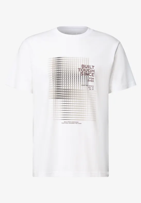 Weißes T-Shirt mit modernem, geometrischem Druck aus Linien, Punkten und Schriftzug.