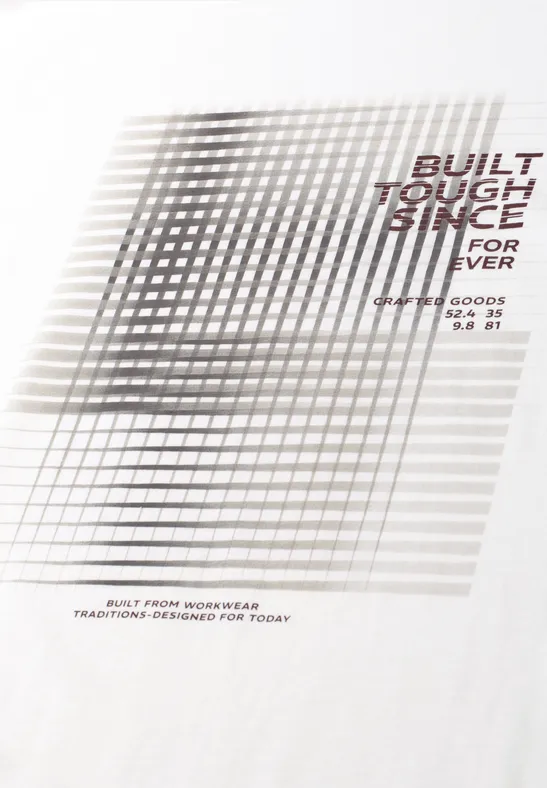 Schwarz-weißes, rasterartiges Gebäude-Design mit diagonalen Linien und Text-Overlay.