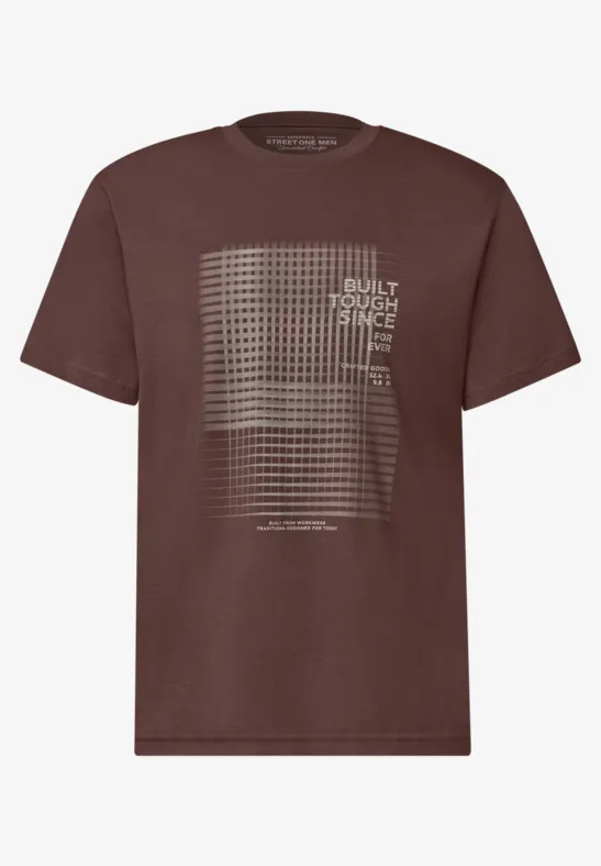 Braunes T-Shirt mit dezentem Punktmuster und Textprint auf der Vorderseite