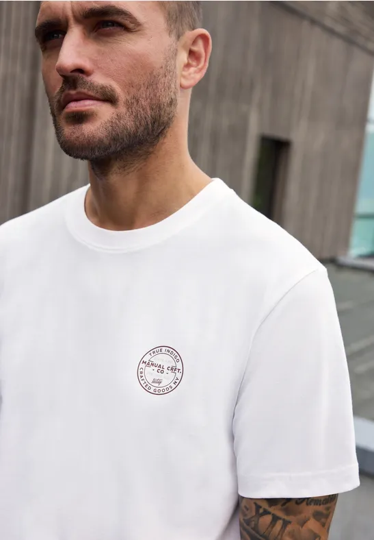 Nahaufnahme eines bärtigen Mannes in weißem T-Shirt mit kleinem Logo vor modernem Gebäude.