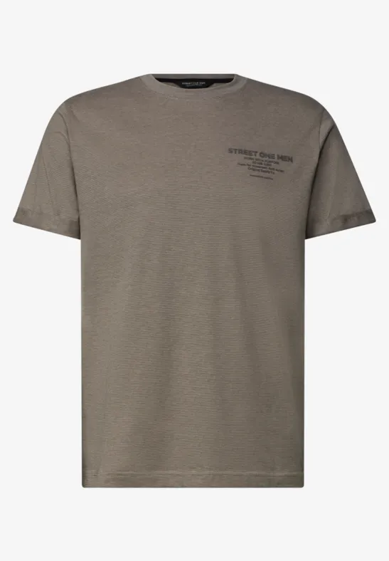 Schlichtes olivgrünes T-Shirt mit gerader Passform, kurzen Ärmeln und dezentem Brustprint.