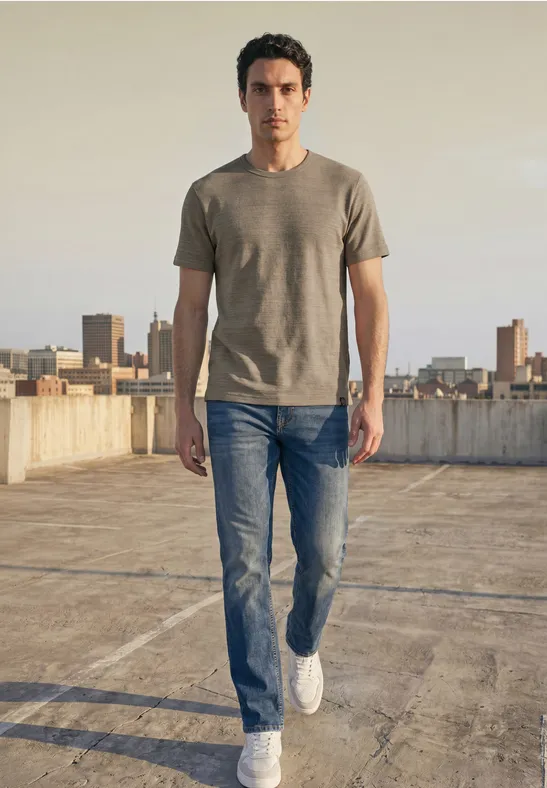Ein Mann in Jeans und T-Shirt läuft auf einem Dach mit Stadt im Hintergrund.