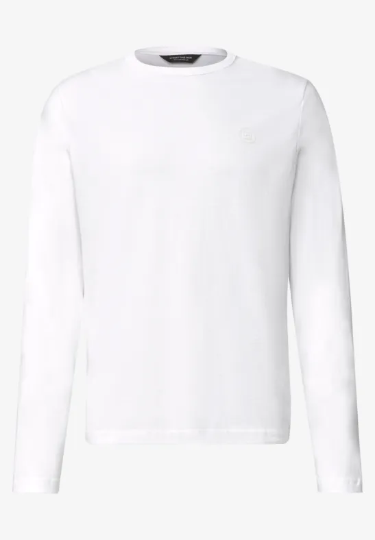 Weißes, minimalistisches Langarmshirt mit rundem Kragen.