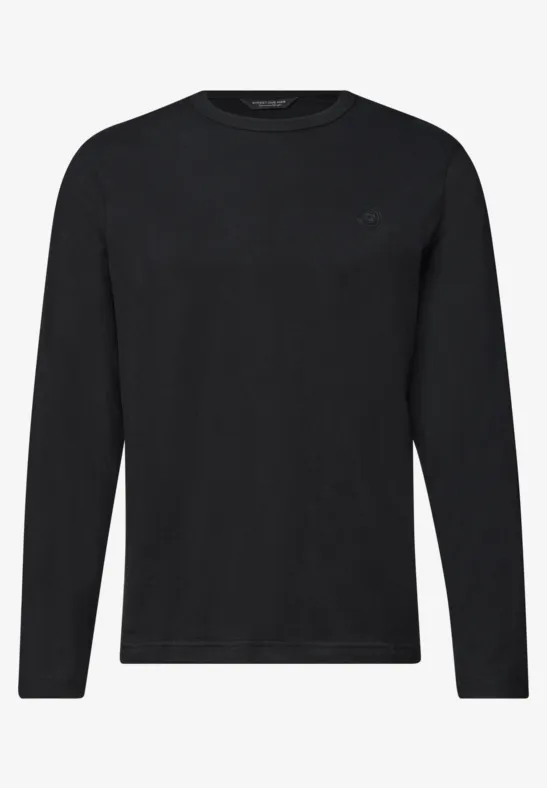 Schwarzes, langärmliges T-Shirt mit rundem Ausschnitt und dezentem Logo-Stick auf der Brust.