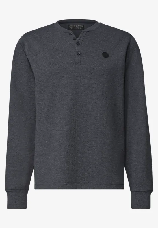 Dunkelgraues Langarm-Henley-Shirt mit Knopfleiste am Rundhalsausschnitt