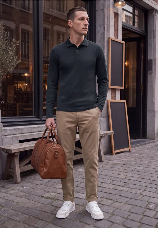 Eleganter Mann mit dunkelgrünem Poloshirt, beigen Chinos, weißen Sneakern und brauner Reisetasche.
