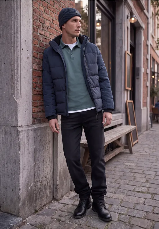 Ein Mann lehnt draußen an einer Hausmauer, trägt Winterjacke, Hoodie, Mütze und blickt zur Seite.