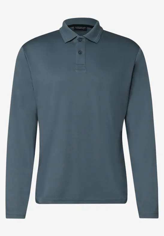 Graues, langärmeliges Poloshirt aus Baumwolle.
