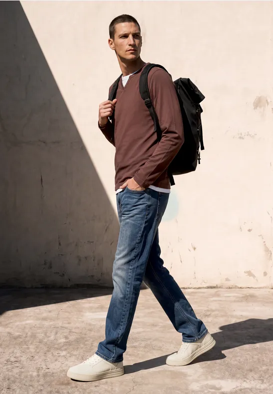 Ein junger Mann mit braunem Langarmshirt, Jeans, weißen Sneakern und Rucksack geht an einer hellen Wand entlang.