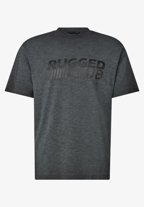 Graues Herren-T-Shirt mit 'RUGGED'-Schriftzug in dunklem, gestreiftem Design.