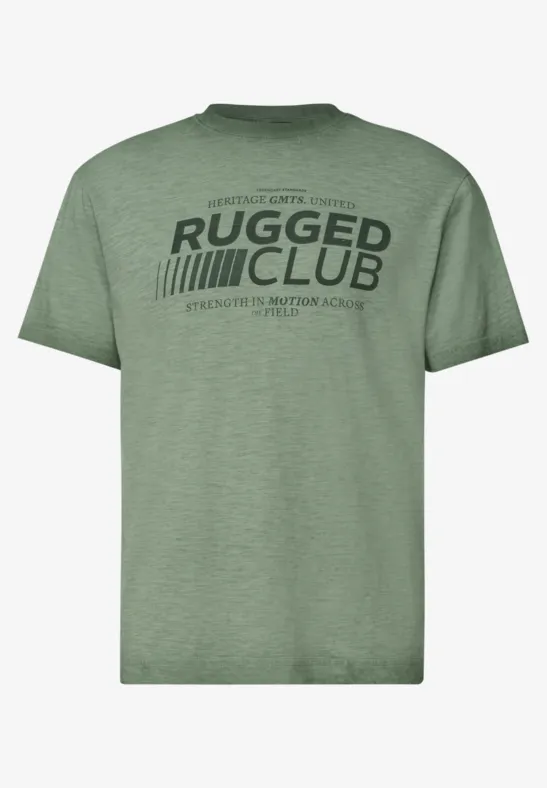 Grünes T-Shirt mit schwarzem Schriftzug 'THE RUGGED CLUB' auf der Brust