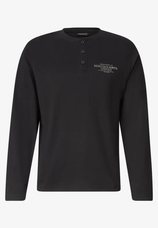 Schwarzes Langarm-Henleyshirt mit Knopfleiste und kleinem Brustlogo