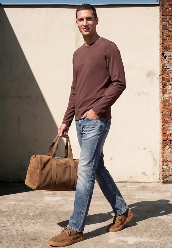 Ein Mann in braunem Shirt, Jeans und braunen Schuhen trägt eine Canvas-Tasche und geht lächelnd.