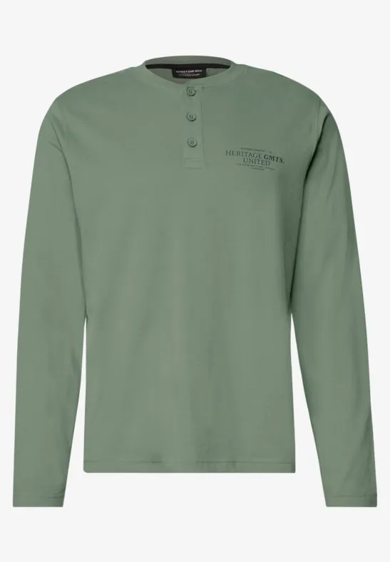 Grünes Herren-Langarmshirt im Henley-Stil mit Rundhalsausschnitt und kleinem Brustlogo-Stick