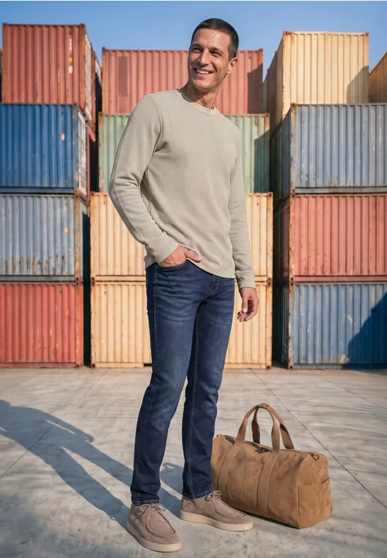Ein lächelnder Mann mit Tasche steht vor bunten Containerwänden.