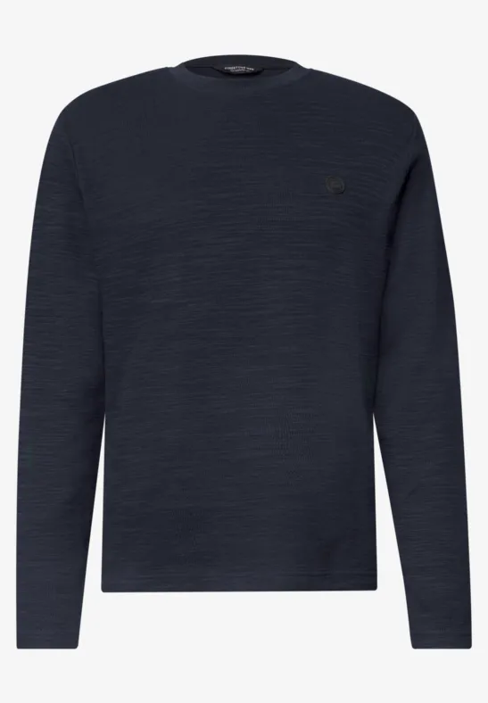 Pull à manches longues bleu marine avec texture discrète et encolure ronde.