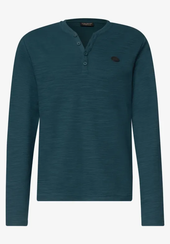 T-shirt Henley à manches longues vert foncé, patte de boutonnage 3 boutons