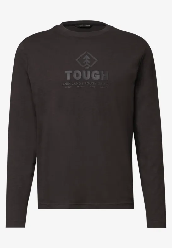 T-shirt noir à manches longues avec col rond et inscription 'TOUGH' devant.