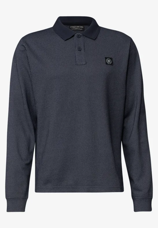 Dunkelblaues Langarm-Polohemd mit Baumwollpiqué, klassischem Kragen, Knopfleiste und kleinem Brustlogo.