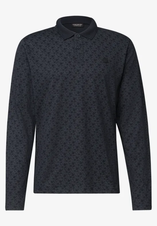 Dunkelblaues Langarm-Poloshirt mit dezentem Allover-Muster