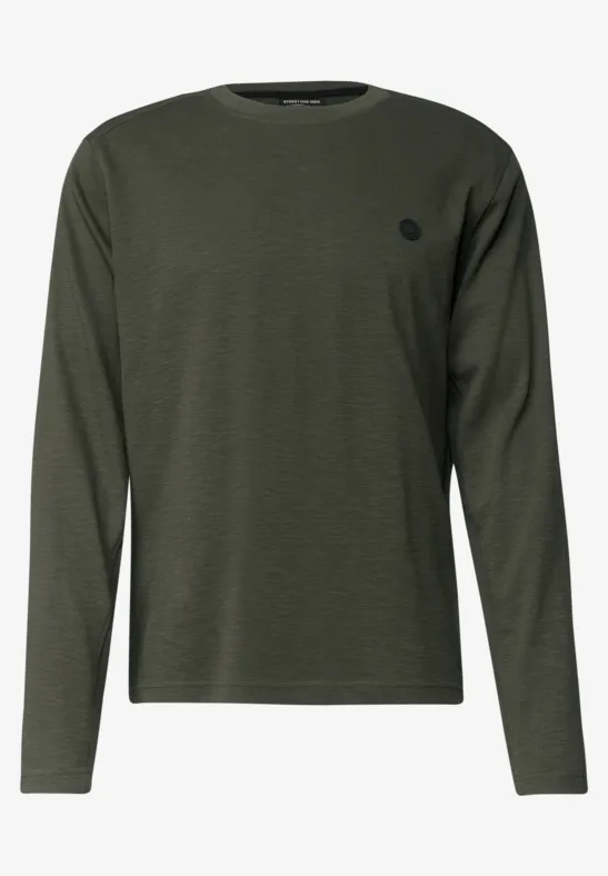 Dunkelgrünes Langarmshirt mit Rundhals und kleinem Logo auf der Brust.